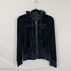 Calvin Klein Jeans Womens Black Velour Tracksuit Set Hoodie Pants Y2K Small